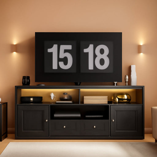 Premium Black TV Stand with 1" Thick Top for 65" TV, Modern TV Console with LED Lights, Charging Station & Storage, High-End Entertainment Center for Living Room and Bedroom