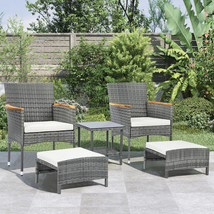 5 Piece Outdoor Patio Furniture Set with Table&Ottoman Outdoor Furniture Patio Set Bistro Wicker Patio Set of 2 outside Lawn Chairs Conversation Sets for Porch Balcony Deck(Gray Wicker&Beige Cushion)