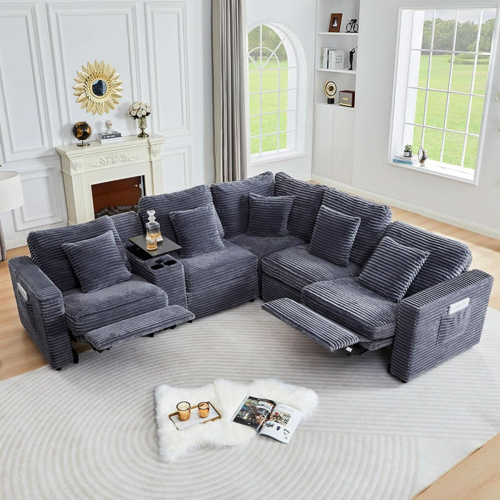 Oversized Modular Sectional Sofa with 2 Power Reclining, Electric Recliner Couch with Storage Console and Adjustable Headrest, Plush Corduroy Fluffy 5 Seat Corner Sofa for Living Room-Blue Grey
