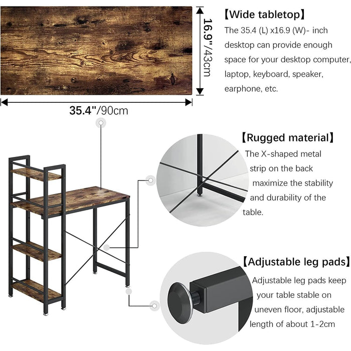 Small Rustic Desk with 4-Tier Bookshelf