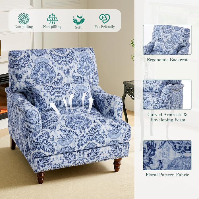 Navy Floral Fabric Armchair With Removable Cushion