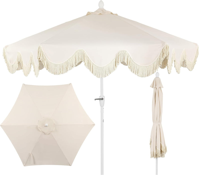 UMB1001 Collins 9 Ft. Classic Cottage Tassel Market Patio Umbrella with Auto-Tilt, Crank, Wind Vent and UV Protection