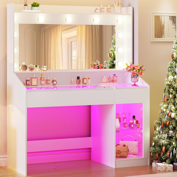 Vanity Desk with Mirror & RGB Lights, White Makeup Vanity Table with 2 Transparent Top Large Drawers & RGB Cabinet, Vanity Desk with LED Lighted Mirror 3 Colors, Power Outlets, Flip-Up Drawer