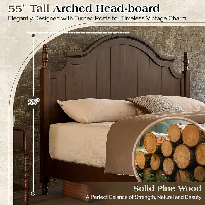 California King Solid Wood Bed Frame with 55" Arched Headboard, Traditional Poster Bed with 12 Wooden Slat Base, No Box Spring Needed/Noise Free& Non Slip/Easy Assembly, Dark Walnut