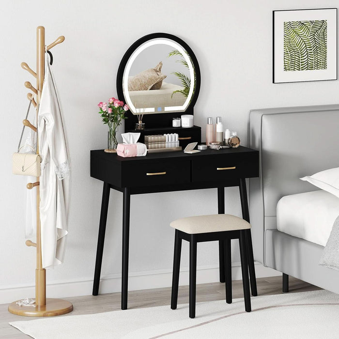 Vanity Desk with Mirror and Lights, Modern Makeup Vanity Table with 4 Drawers, 3-Color Dimmable LED Mirror, Girls Dressing Table and Stool Set for Small Bedroom (Black)