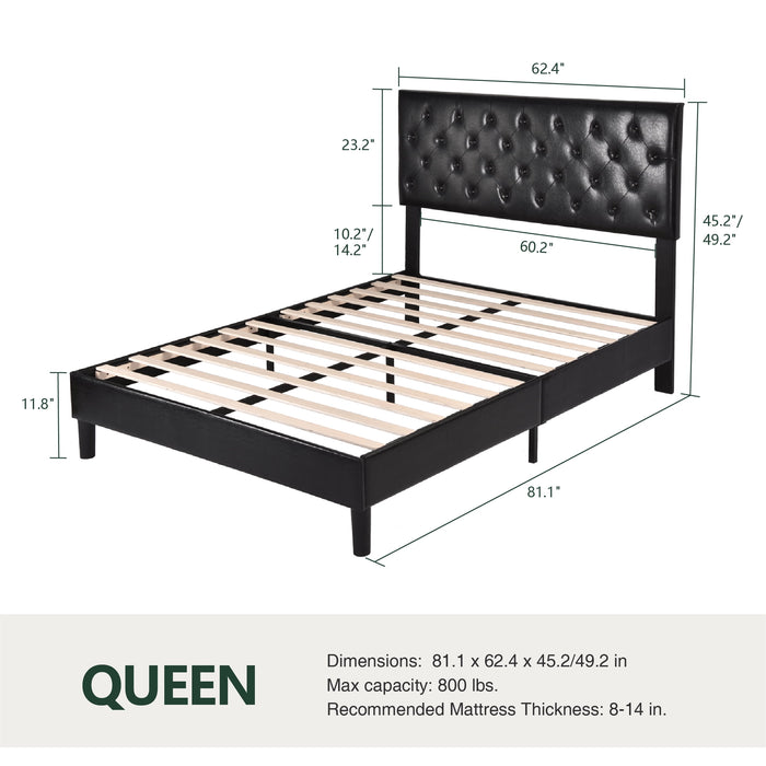 Queen Bed Frame with Headboard, Diamond Button Tufted Style, Black