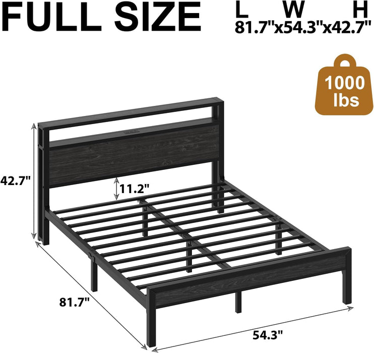 Full Size Bed Frame with LED Lights and Charging Station, Black