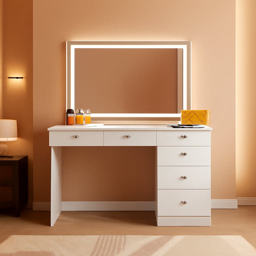 Cleo Vanity Desk with LED Lighted Mirror – 7 Drawer Makeup Station with Integrated Power