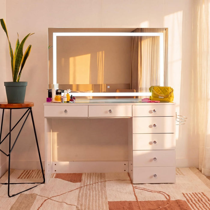 Cleo Vanity Desk with LED Lighted Mirror – 7 Drawer Makeup Station with Integrated Power