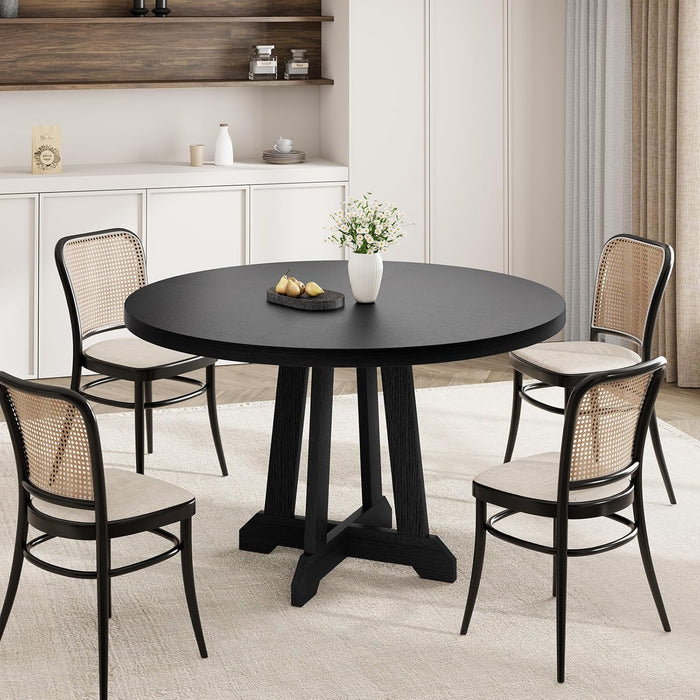 round Dining Table for 4, 47 Inches Dining Room Table with Wooden Base, Kitchen Table with Circle Tabletop, Dinner Table for Dining Room, Kitchen, Living Room, Black