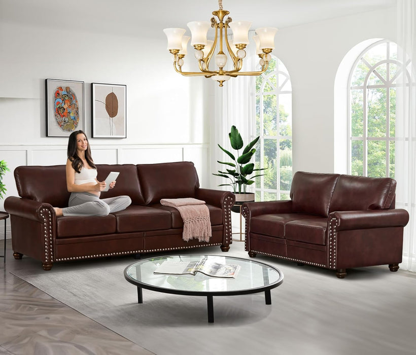 2-Piece Comfy Upholstered PU Leather Sofa Couch Set, Mid-Century Modern Loveseat Sofa+3 Seater Couch with Storage Space for Living Room, Furniture Set, Red Brown