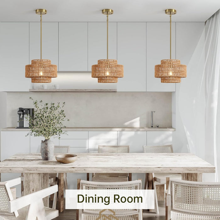 12.4” Boho Rattan Chandelier Light Fixture, 1-Light Hand Woven Pendant Light Fixture Farmhouse Rustic Hanging Lamp for Kitchen Island Bedroom, Dining Room, Living Room, Entryway, Foyer