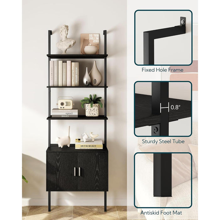 73" Tall Bookshelf with Cabinet, Industrial Ladder Wall Mount Shelf Bookcase with Wood and Metal Frame, Plant Shelf Wall Storage Display for Living Room Bedroom, Black Wood Grain