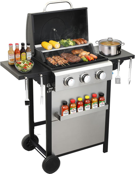 3 Burner Propane Gas Grill, 30,000 BTU Stainless Steel Outdoor BBQ Grill with 322 Sq. In. Cooking Area & 2 Foldable Side Shelves, Patio Cookout Essentials for Backyard