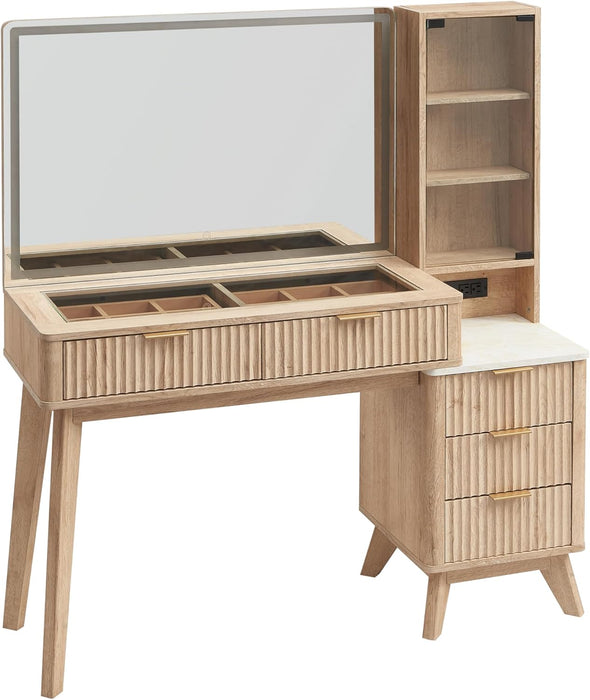 48" Fluted Vanity Desk with 36" Large HD Mirror and Lights, Modern Wood Glass Tabletop Makeup Table with Adjustable Storage Shelves, 5 Drawers, Charging Station for Bedroom, Natural Oak