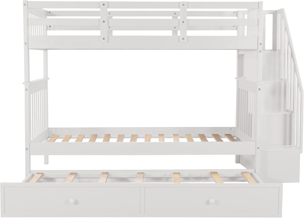Twin over Twin Bunk Bed with Stairs and Trundle, Solid Wood Stairway Bunk Bed Frame with Storage, for Kids Teens Adults – White
