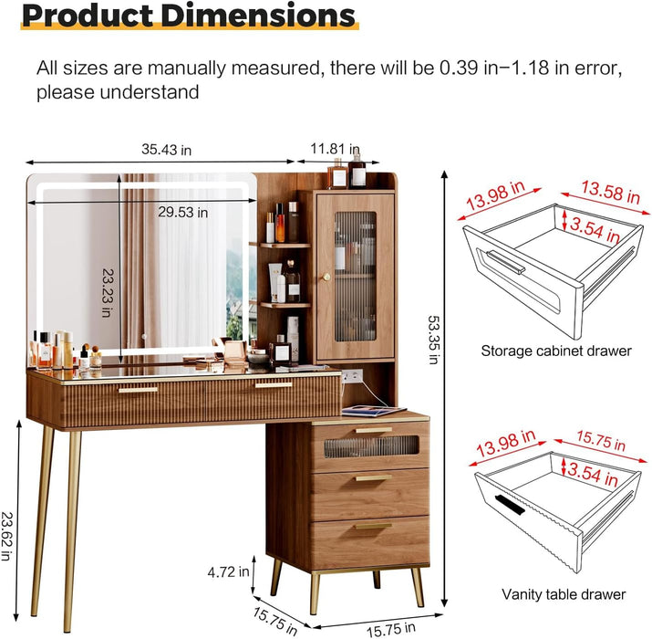 Vanity Desk with 29.53" HD Lighted Mirror, 47.24" Big Modern Vanity Desk with Mirror and Lights, Makeup Vanity with 5 Drawers and Storage Shelves and Charging Station,Brown