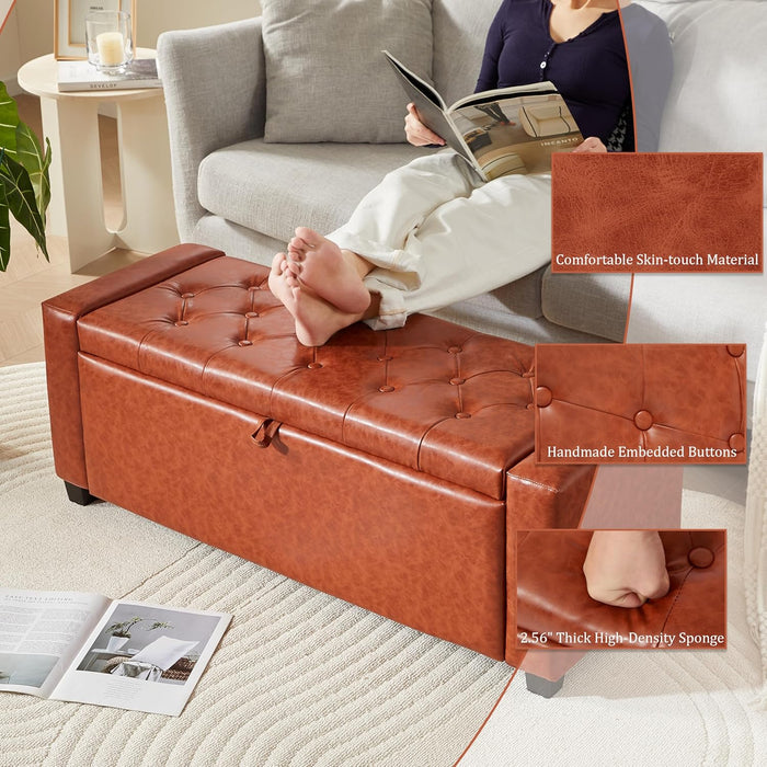 Ottoman with Storage,Tufted Storage Bench with Safety Hinge,Holds up to 330 Lb,Upholstered Bench with Seating for Bedroom, Living Room,Entryway,Leather Reddish Brown