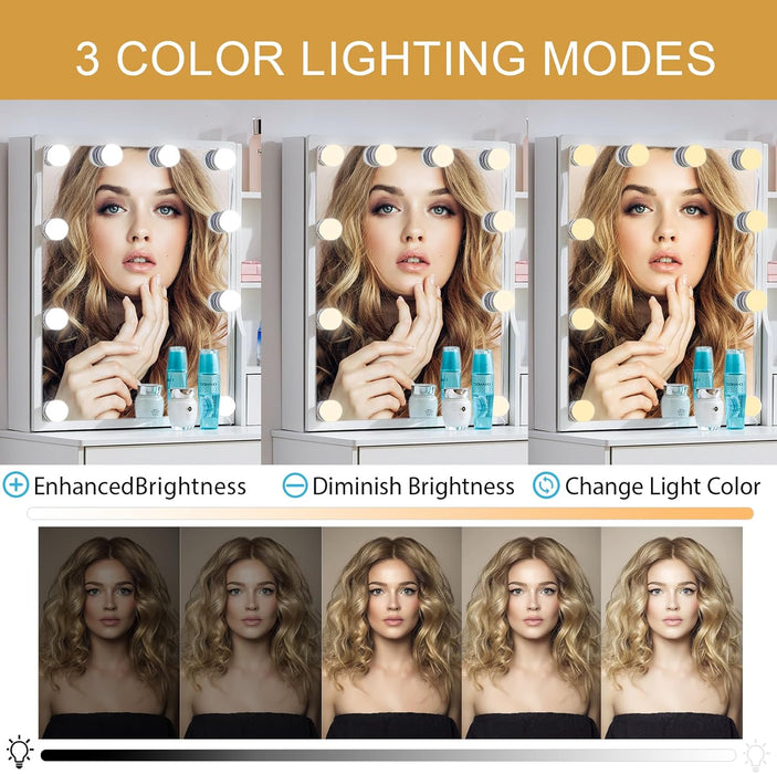 Vanity Desk with Makeup Mirror and Light, Makeup Dressing Table with 4 Drawers and Cushioned Stool for Bedroom, White Dressing Desk for Bedroom