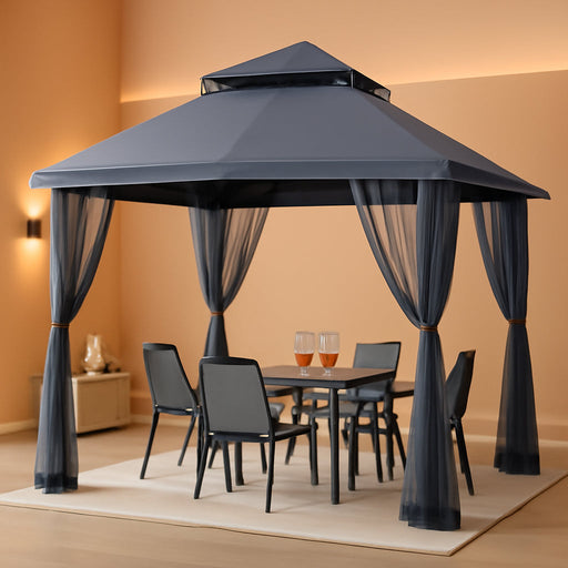Outdoor Patio Gazebo 11X11 - Double Roof Canopy with Mosquito Netting for Backyard, Deck, Garden, Lawn, Dark Gray