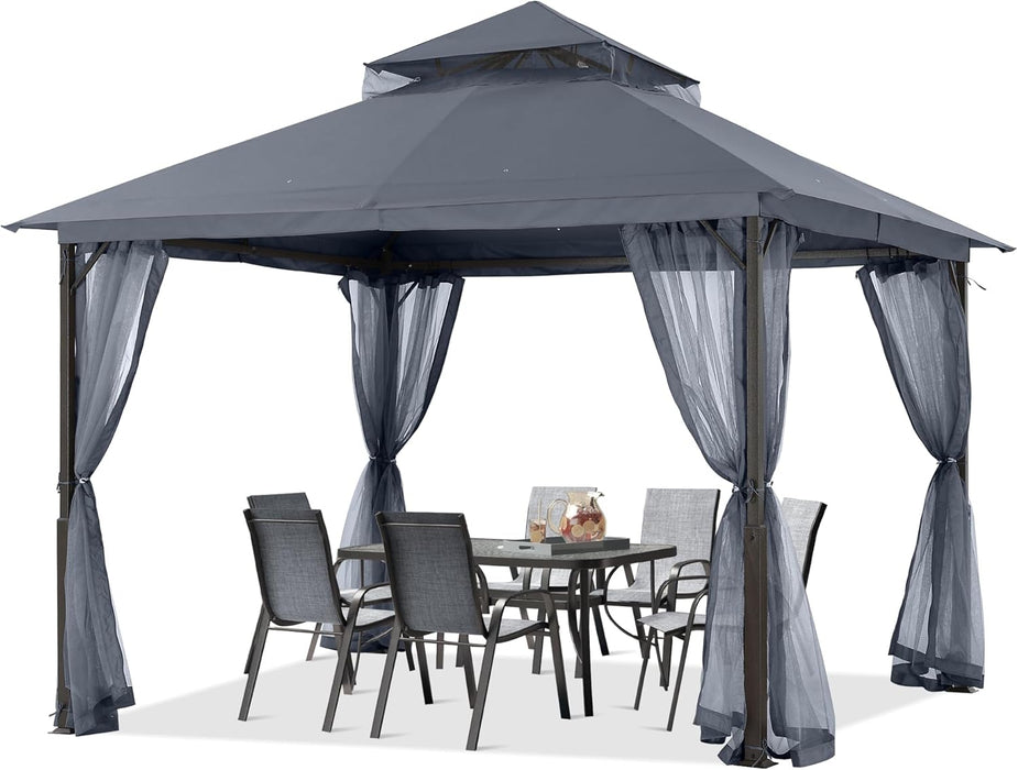 Outdoor Patio Gazebo 11X11 - Double Roof Canopy with Mosquito Netting for Backyard, Deck, Garden, Lawn, Dark Gray