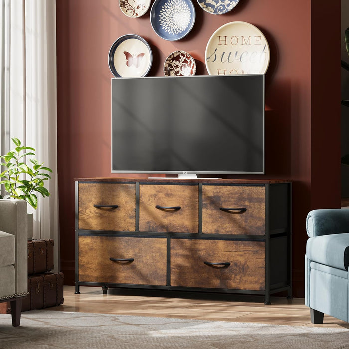 Dresser for Bedroom with 5 Drawers, Wide Chest of Drawers, Fabric Dresser, Storage Organizer Unit with Fabric Bins for Closet, Living Room, Hallway, Rustic Brown Wood Grain Print