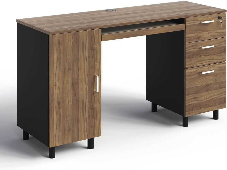 Modern Design Venice Computer Desk with Lockable Drawers, 53 Inch Home Office Desk with Storage Cabinet, Keyboard Tray & Cable Management, Modern Study Writing Desk for Small Spaces, Walnut and Black