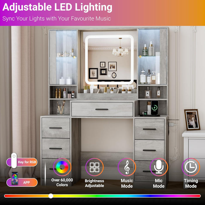 Vanity Desk with Mirror and Lights, Makeup Vanity with 7 Drawers, 2 Glass Door Cabinets, Charging Station, Adjustable Shelves, RGB Lighting, Holder