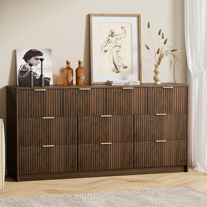 Walnut 10 Drawer Dresser for Bedroom, 63" Wide Fluted Wood Dresser