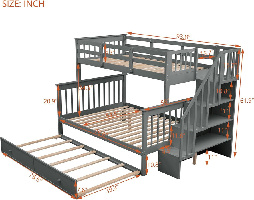 Twin over Full Bunk Bed, Wooden Bunk Bed Frame Twin over Full with Trundle and Storage Shelves, Twin over Full Size Bunk Beds with Staircases for Kids Teens Adults, Grey