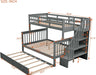 Twin over Full Bunk Bed, Wooden Bunk Bed Frame Twin over Full with Trundle and Storage Shelves, Twin over Full Size Bunk Beds with Staircases for Kids Teens Adults, Grey