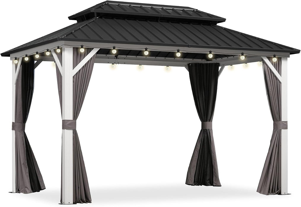 8' X 12' Outdoor Gazebo Galvanized Steel Double Roof White Aluminum Frame Hardtop Heavy Duty Gazebo with Curtain and Netting for Patio Garden and Backyard, Grey