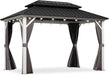 8' X 12' Outdoor Gazebo Galvanized Steel Double Roof White Aluminum Frame Hardtop Heavy Duty Gazebo with Curtain and Netting for Patio Garden and Backyard, Grey