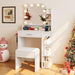 Makeup Vanity with Chair, Small Vanity Desk with Mirror and Lights 3 Colors, Girls Vanity Set with Power Outlet, Compact Vanity Table for Small Space, White