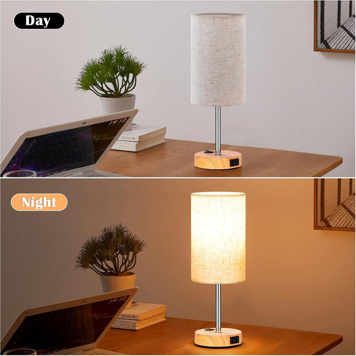 Table Lamp for Bedroom Set of 2, Bedside Small Lamps with 3 Way Dimmable Rocker Switch & AC Outlet, Nightstand Desk Lamp with Flaxen Fabric Shade Woodgrain Base for Living Room Home Decor Lights