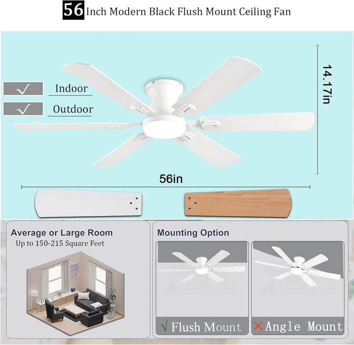 56 Inch Ceiling Fans with Lights, White Flush Mount Ceiling Fan with Light and Remote/App Control, 3Cct,Dimmable, Noiseless, Low Profile Ceiling Fan for Bedroom, Patio, Indoor/Outdoor Use