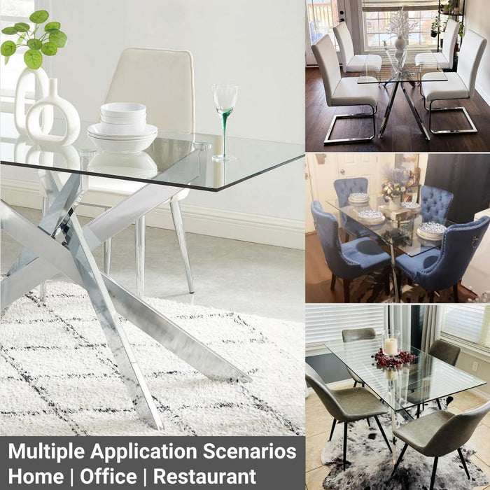58.5” Rectangle Glass Dining Table, Tempered Glass Tabletop and Metal Tubular Legs, Modern Style Table for Home, Kitchen, Dining Room 58.5”Lx29”Wx30”H, Silver
