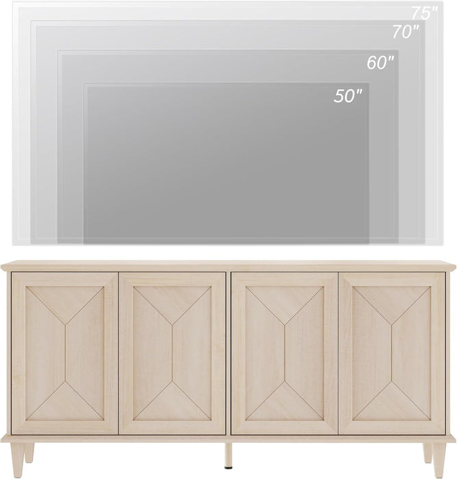 65" Modern Farmhouse TV Stand with Handcrafted Patchwork Doors for 55-75" Tvs, Entertainment Center Console with Cable Management, Adjustable Shelves Storage for Living Room, Light Oak
