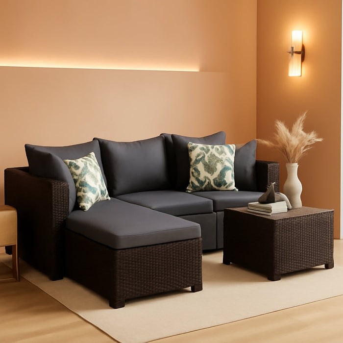 Patio Furniture Set, 5PCS Outdoor Conversation Sets Waterproof Rattan Sectional Sofa with 4” Thickened Cushion Modular Wicker Patio Furniture Set with Glass Top Table for Balcony, Backyard (Grey)