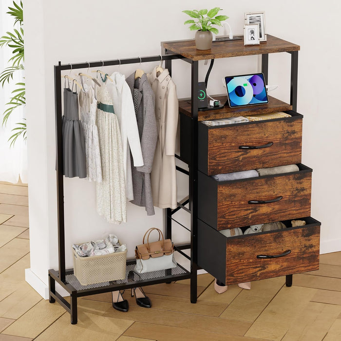 Dresser for Bedroom with Hanging Rack, 3 Drawers Closet with Charging Station, Fabric Chest of Drawers with Clothes Rack, Storage Organzier for Hallway Entryway, Brown