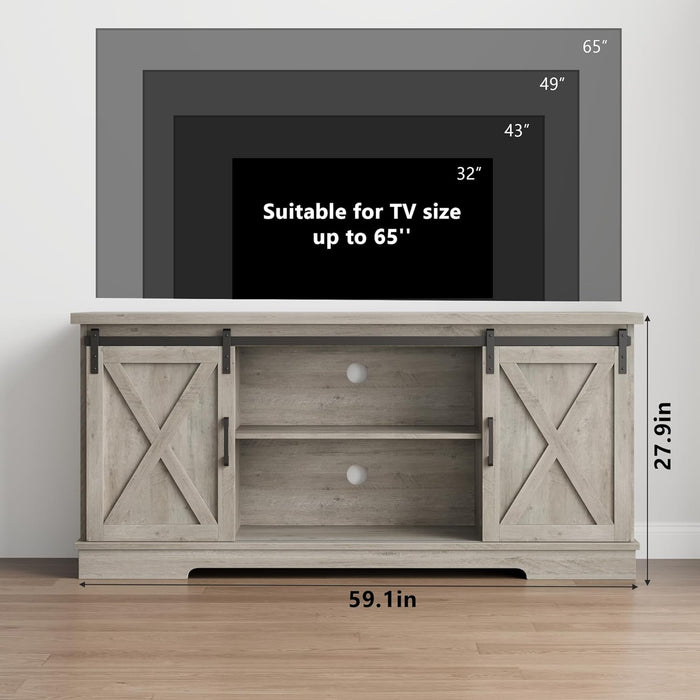 Farmhouse Tv Stand for 65 Inches Tvs, Entertainment Center with Storage and Sliding Barn Doors, Adjustable Shelf Modern Media TV Console TV Stand Table for Living Room, Bedroom, Grey