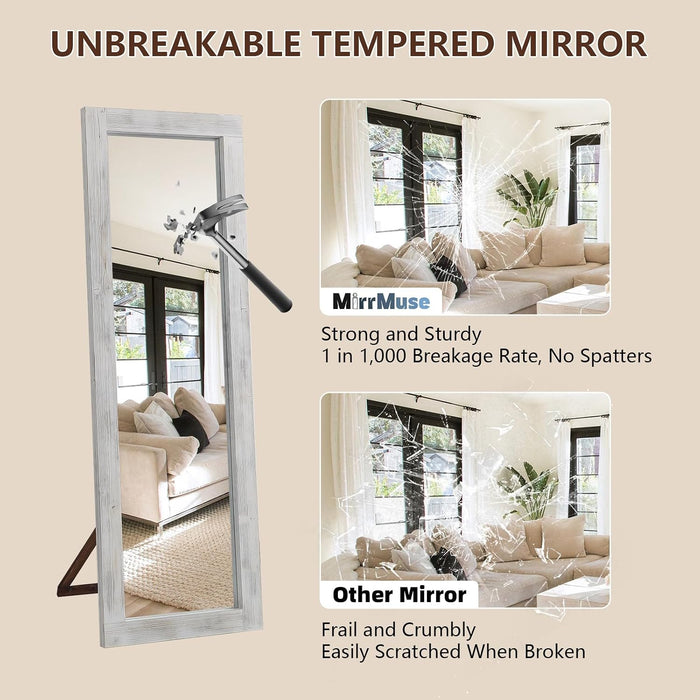 Rustic Floor Full Length Mirror Wood Frame, 56"X21" White Mirror