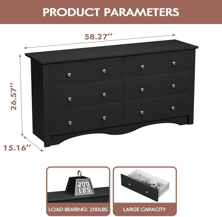 Black 6-Drawer Dresser for Bedroom