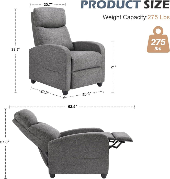 Recliner Chair for Adults, Massage Fabric Small Recliner Home Theater Seating with Lumbar Support, Adjustable Modern Reclining Chair with Padded Seat Backrest for Living Room (Grey)