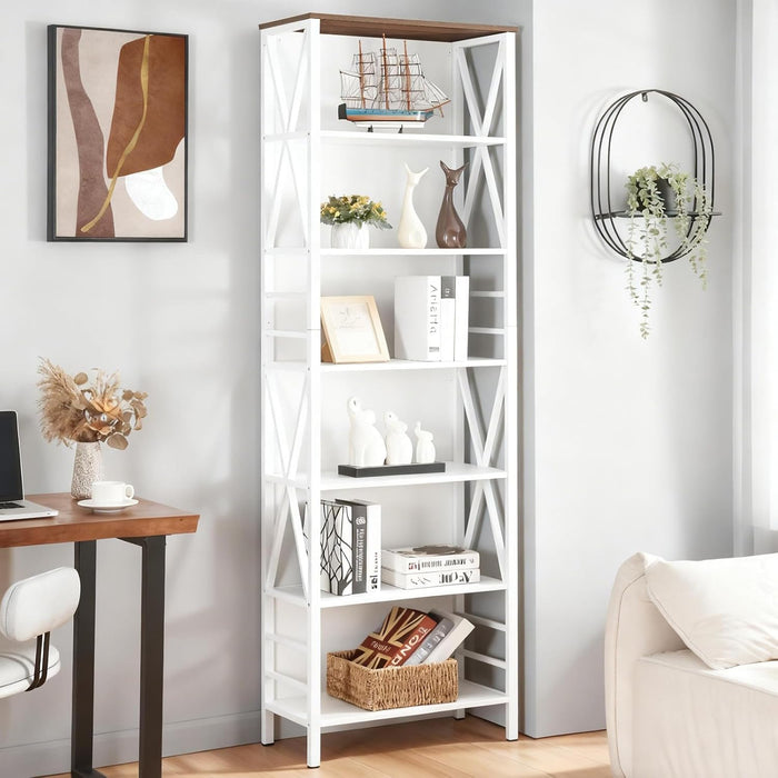 Bookshelf, 7-Tier Bookshelf, Rustic Wood Metal Bookshelves and Bookcases, Freestanding Open Bookshelf, Industrial Tall Bookcase for Home Office, Living Room and Bedroom, White