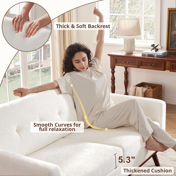 65.2" W Loveseat Sofa, Mid Century Modern Decor Love Seat Couches for Living Room, Button Tufted Upholstered Furniture, Solid & Easy to Install Small Couch for Bedroom Office Apartment, White