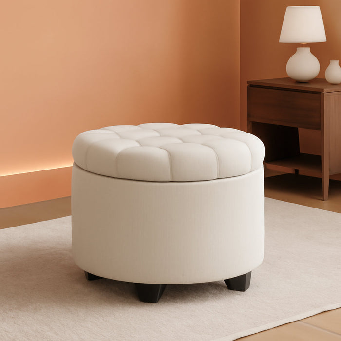 round Ottoman, Ottoman with Storage, 17.7 X 17.7 X 17.5 Inches, Foot Rest with Legs, Linen-Look Fabric, Load up to 330 Lb, for Living Room, Bedroom, Light Beige ULOM011W01