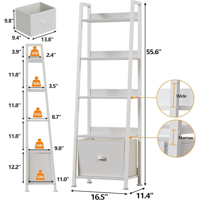 5-Tier White Ladder Shelf, Ladder Bookshelf with Removable Drawer, Mordern Bookcase Storage Rack Organizer, Wood Metal Freestanding Storage Shelves for Living Room, Home Office, Bedroom