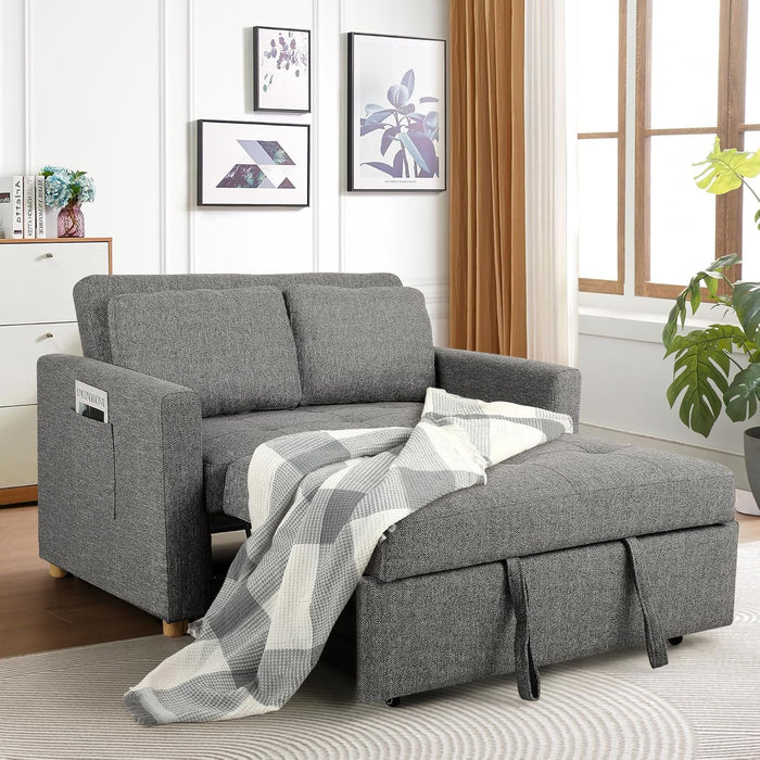 Sleeper Sofa Bed, 3-In-1 Convertible Sofa Chair, Linen Fabric Pull Out Couch Bed, Loveseat Sleeper with Spring Support, Adjustable Backrest, 2 Seater Recliner Chair for Small Space, Dark Grey