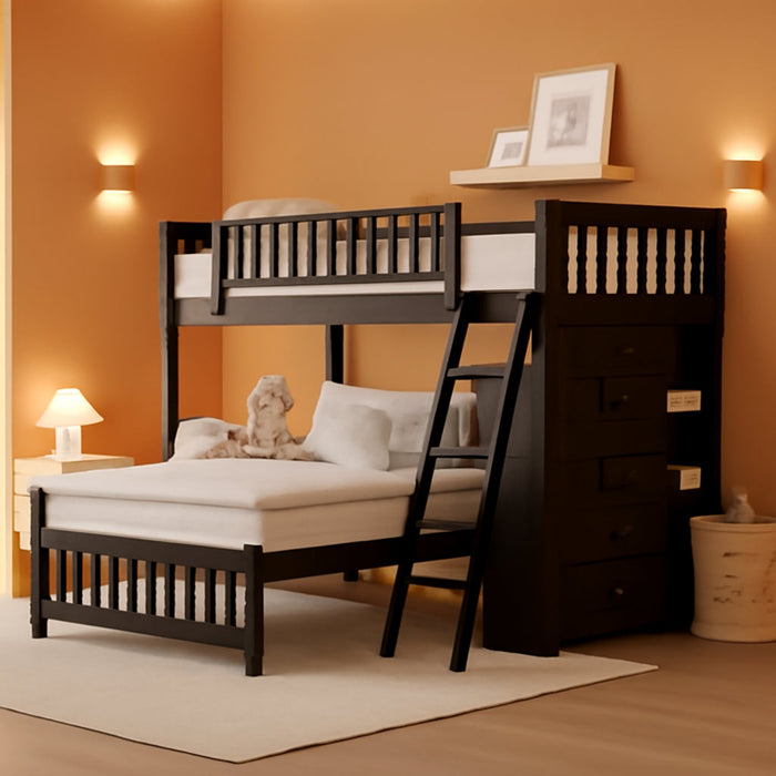 Twin over Full Bunk Bed with Storage, Solid Wood Bunk Bed with 6 Drawers and 3 Flexible Shelves, Twin Loft Bed with Movable Lower Bed, Bottom Bed with Wheels, for Kids Teens Adults (Espresso)